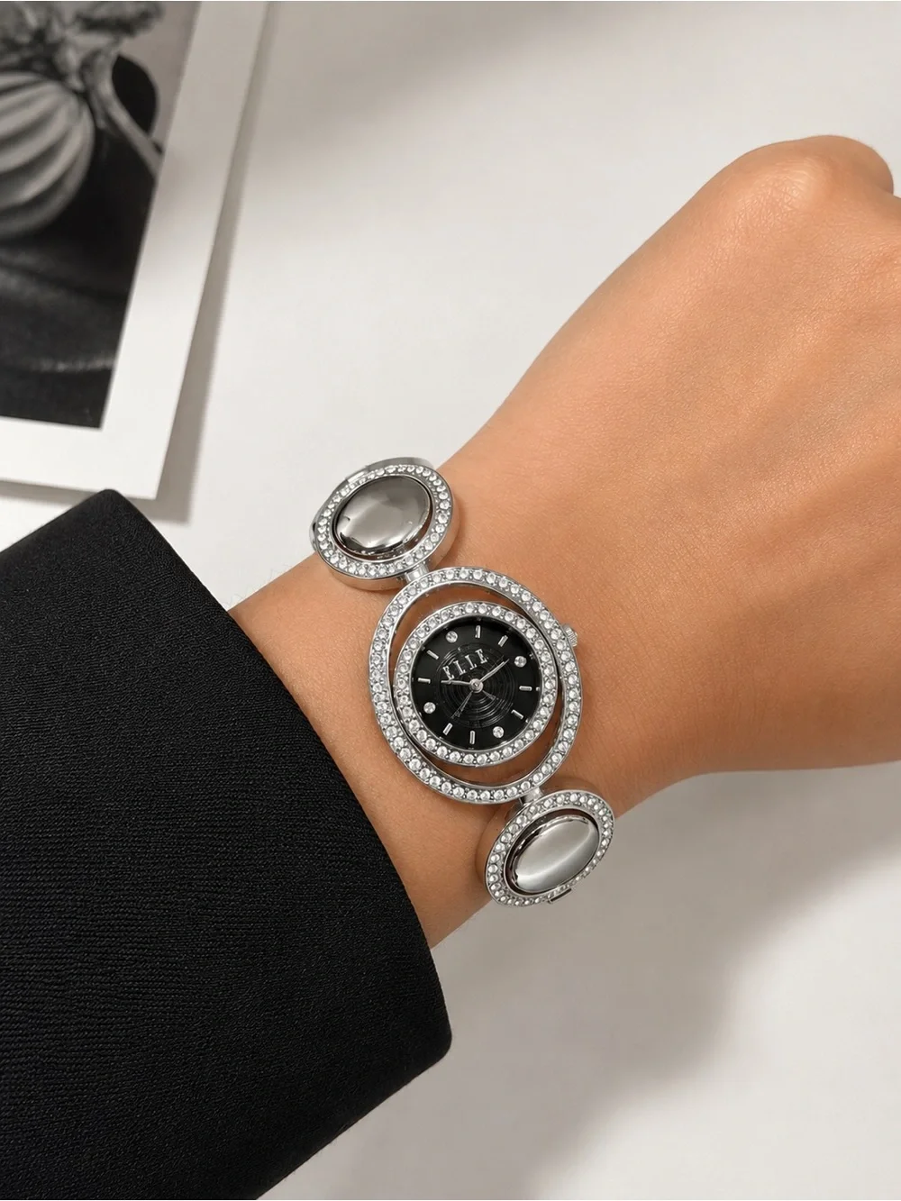 Y2K Rhinestone Bracelet Watch Silver Black Dial Glam McBling NWT